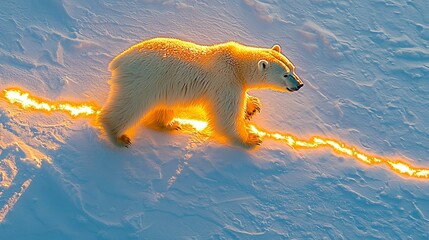 Poster -   A polar bear strolls through snow with a beaming mouth emitting light, followed by a fiery trail