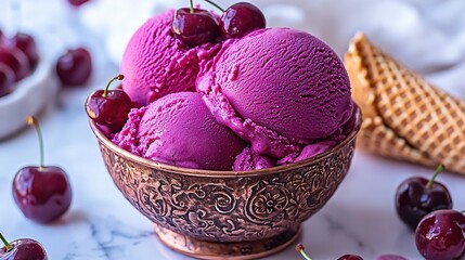 Canvas Print -   A copper bowl brimming with ice cream rests beside a waffle cone and an array of cherries on a polished marble countertop