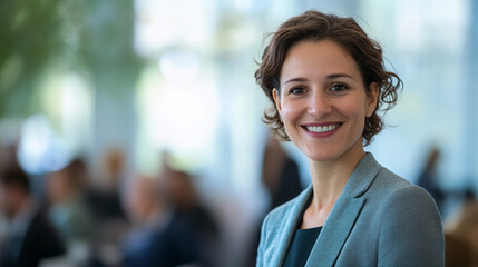 A smiling businesswoman in a light suit stands confidently with colleagues in the background, representing leadership, teamwork, and professionalism.

