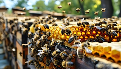 Wall Mural - bustling bee farm with abundant hives overflowing with golden honey