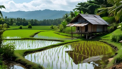 Wall Mural - Charming traditional cottage surrounded by lush rice fields in the serene Southeast Asia countryside, showcasing a sustainable lifestyle amidst tranquil nature