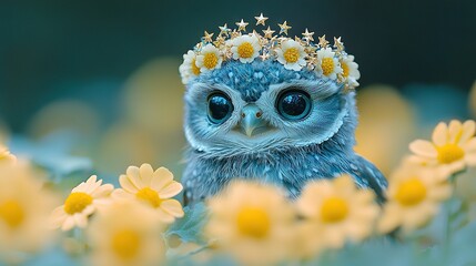 Sticker -   A photo of an owl in detail, with a crown adorning its head, among a backdrop of sunflowers and daisies