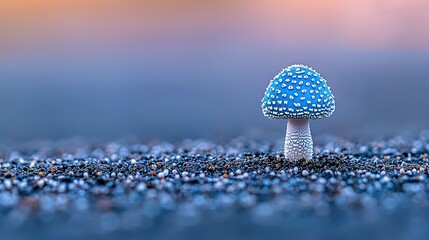 Poster -   A blue-and-white mushroom rests atop a field of blue-and-silver grass, with a hazy sky in the background