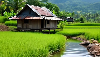 Canvas Print - Charming traditional cottage surrounded by lush rice fields in the serene Southeast Asia countryside, showcasing a sustainable lifestyle amidst tranquil nature