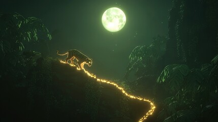 Wall Mural -   A cat strolling through a forest trail at twilight under a radiant moon