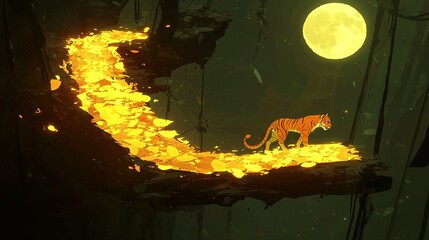 Poster -   A tiger strolls through a wooded trail under a full moon