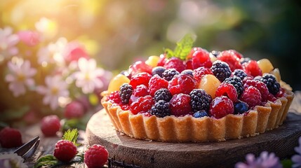 Poster -  Wooden board with fruit tart, berries, raspberries, and flowers in the background