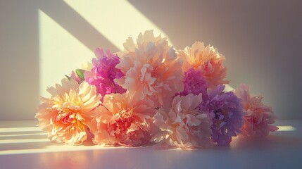 Sticker -   Pink and white flowers on a white table, under a sunny window