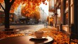 © grape_vein - Autumn afternoon coffee in a charming cafe surrounded by golden leaves in the city street