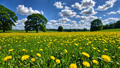 Poster - Champ de fleurs jaunes sous un ciel ensoleillé