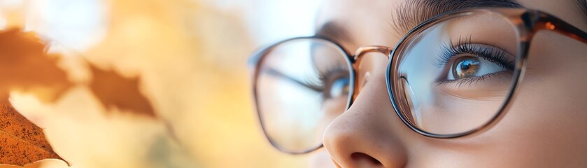 Close-up of a person wearing glasses, with a serene autumn background and gentle sunlight illuminating the scene, creating a warm and contemplative vibe.