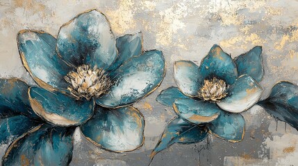 Canvas Print -   Two blue flowers on gray and gold background with white and gold design at bottom