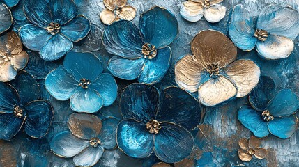 Wall Mural -   Blue & Gold Flowers Close Up on Blue & White Background with Gold Leaves