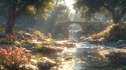 Sticker - Stone Bridge Over a Waterfall in a Lush Forest