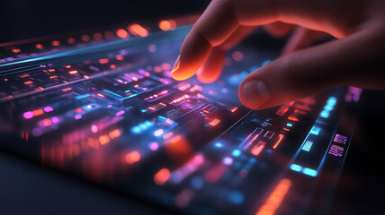 A hand is shown using a new generation ultra-thin computer keyboard with backlit keys, and digital interfaces demonstrating innovations in computer hardware are shown on a transparent display.