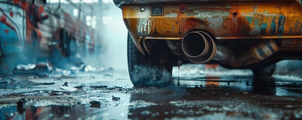 Wall Mural - Close-up of a car’s exhaust pipe on a rainy street with steam rising from the wet pavement. Free copy space for banner.