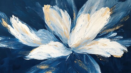 Poster -   A white and blue flower on a dark blue background with golden petals