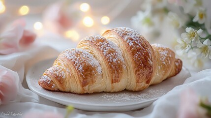 Poster -   White plate with croissant dusted in powdered sugar on white tablecloth