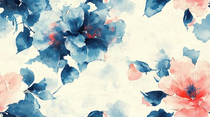 Sticker -   Watercolor art of pink and blue flowers on a white backdrop with blue-red flower on left