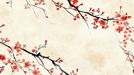 Poster -   A painting of a red-flowered branch with leaves against a beige background, featuring a light brown center dot