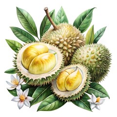 durian fruits with flowers, on a white isolated background, in watercolor style