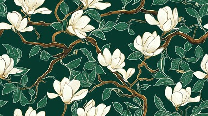 Sticker -   A tree with white flowers and green leaves on a dark green background, featuring a green leaf-branch