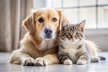 Poster - Golden retriever and cat lying together happily