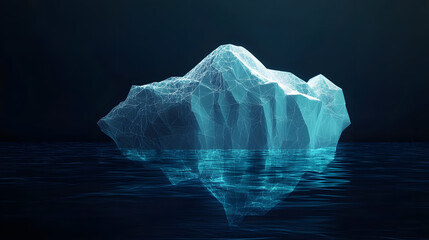 Digital Antarctic iceberg in the ocean in futuristic polygonal style on dark technology background. Abstract Metaphor of Big Data or hard work to success. Low poly wireframe vector illustratio