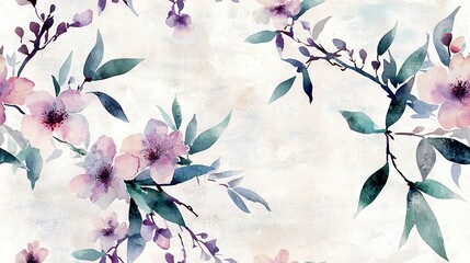 Poster -   A watercolor depiction of pink blossoms amidst green foliage on a pristine canvas, set against a serene blue sky