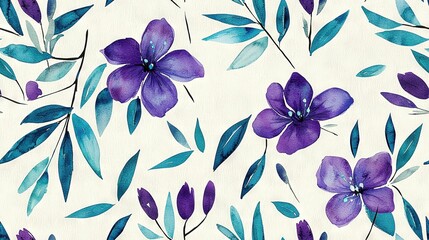 Canvas Print -   A watercolor painting of purple flowers and green leaves on a white background with blue and green leaves