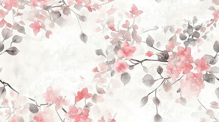 Sticker -   Pink watercolor flowers and leaves on white background with gray-pink wallpaper