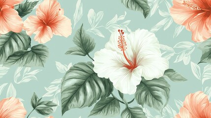 Wall Mural -   Close-up of a flower with blue leaves on a light blue background, featuring pink and white petals