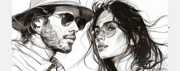 Hand-drawn fashion illustration of a stylish man and woman, both wearing sunglasses and trendy outfits. Free copy space for banner.