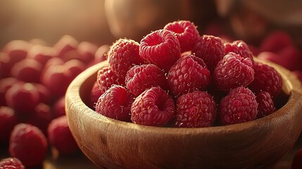 Poster -   A wooden bowl holding raspberries rests atop a table beside a mound of additional raspberries