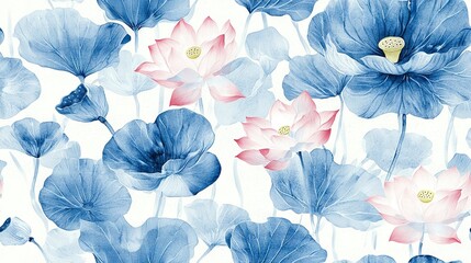 Canvas Print -   Watercolor portrait featuring blue and pink blossoms on a white canvas with a golden button at the center of the flower arrangement