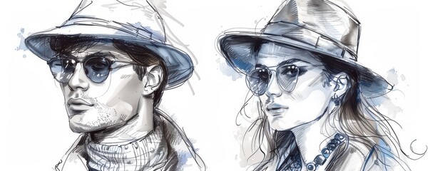 Wall Mural - Hand-drawn fashion illustration of a stylish man and woman, both wearing sunglasses and trendy outfits. Free copy space for banner.