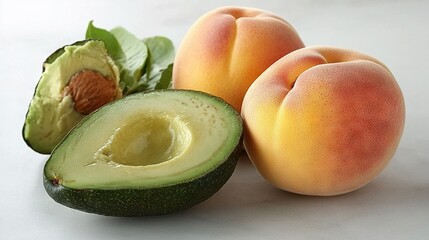 Wall Mural -   A couple of peaches, an avocado, and a slice of peach on a white countertop surrounded by leaves