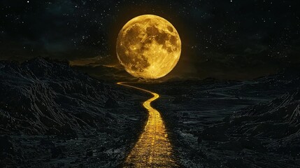 Sticker -   Yellow road leads to full moon in night sky with stars and mountains