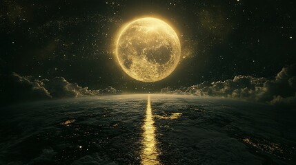 Wall Mural - a stunning image of earth from space, featuring a radiant yellow moon illuminating the night sky and