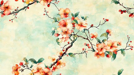 Wall Mural -   A painting featuring a pink-bloomed branch against a green backdrop on a light green canvas, with a blue sky in the background