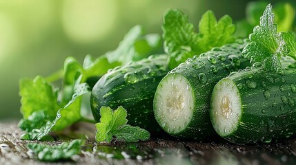 Poster -   A green wooden table holds cucumbers, covered in water-droplets and surrounded by leaves