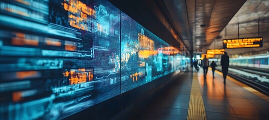 Poster - a holographic display in a futuristic train station showing schedules