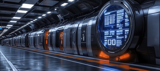 Poster - a holographic display in a futuristic train station showing schedules