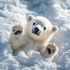 Poster -   A polar bear lies in the snow with its paws on its back and chest