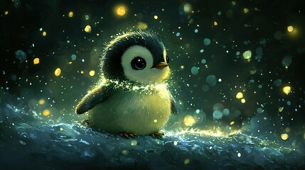 Poster -   A painting of a little penguin sitting in snow with light on its head and eyes