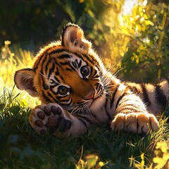 Sticker -   A tiger cub in the grass with its paw on the ground and wide-open eyes gazing at the camera