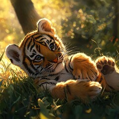  A baby tiger lounges in the grass, cradling its paws on its head