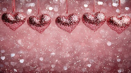 Poster -   Hearts on strings against a pink backdrop with silver and white glitter