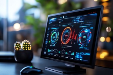 Aufkleber - Hyper-realistic smart home energy system, showing real-time data on energy savings from efficient appliances and solar panels, with detailed screen graphics