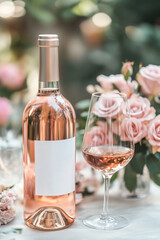 Bottle of rose wine with mock-up labels on the table decorated of pink roses.Bottles of rose wine with mock-up labels on an outdoor table in a flowering garden